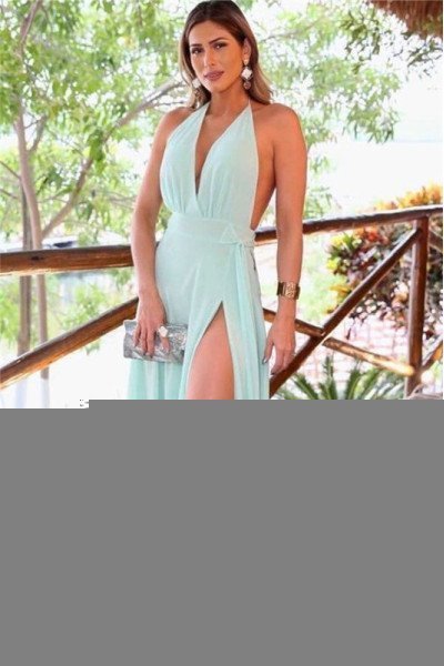 Gabriella Simple Mint Halter Backless Side Slit Sheath Prom Dresses