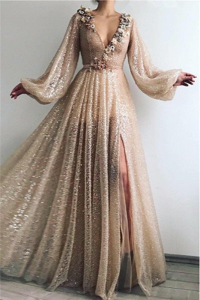 Gaby Honorable Champagne V-Neck Long Sleeves Side Slit Sequins A-Line Prom Dresses With Flowers Gaby Honorable Champagne V-Neck Long Sleeves Side Slit Sequins A-Line Prom Dresses With Flowers