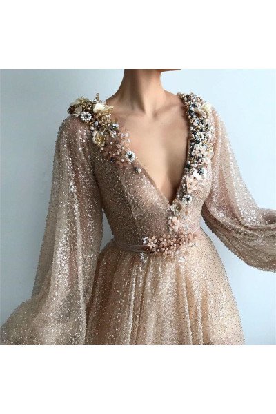 Gaby Honorable Champagne V-Neck Long Sleeves Side Slit Sequins A-Line Prom Dresses With Flowers Gaby Honorable Champagne V-Neck Long Sleeves Side Slit Sequins A-Line Prom Dresses With Flowers