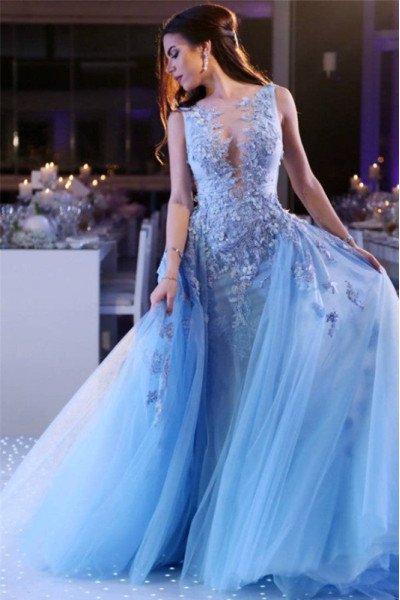 Gail Mild Sky Blue V-Neck Open Back Appliques A-Line Prom Dresses With Puffy Layers