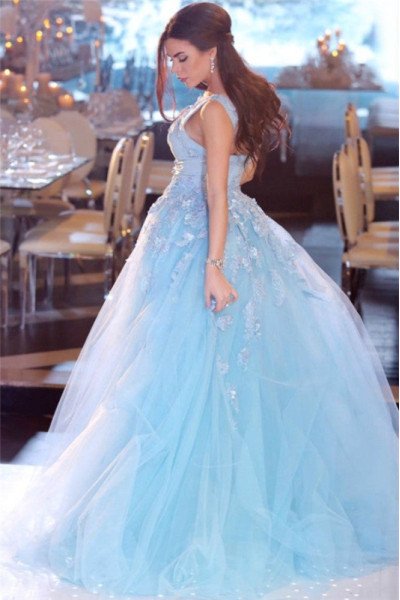 Gail Mild Sky Blue V-Neck Open Back Appliques A-Line Prom Dresses With Puffy Layers