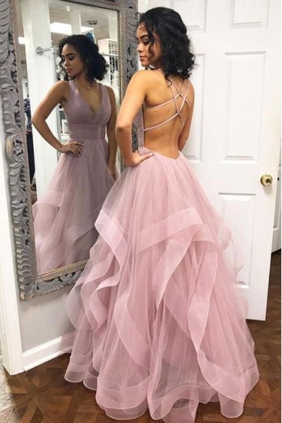 Genevieve Charming Pink V-Neck Backless A-Line Prom Dresses With Puffy Layers