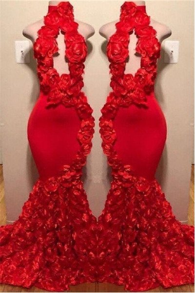 Gloria Chic Red High Neck Open Back Appliques Mermaid Prom Dresses With Keyhole
