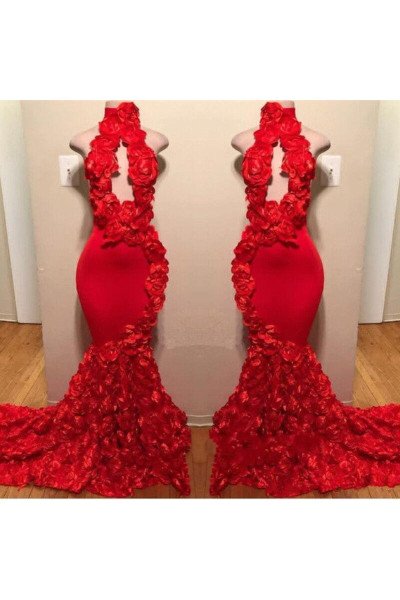 Gloria Chic Red High Neck Open Back Appliques Mermaid Prom Dresses With Keyhole