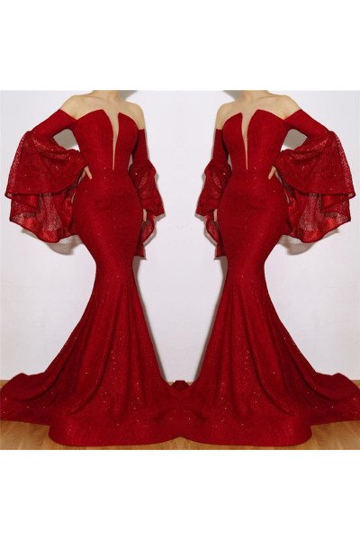 Hailey Decent Burgundy Strapless Long Sleeves Sequins Mermaid Prom Dresses With Appliques