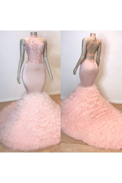 Hermosa Lovely Pink Halter Backless Puffy Layers Mermaid Prom Dresses With Appliques