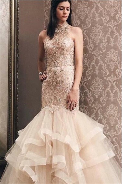 Holly Mild Ivory High Neck Appliques Puffy Layers Mermaid Prom Dresses