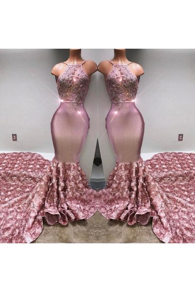 Hope Sexy Lilac Spaghetti Straps Backless Appliques Mermaid Prom Dresses With Chapel Train