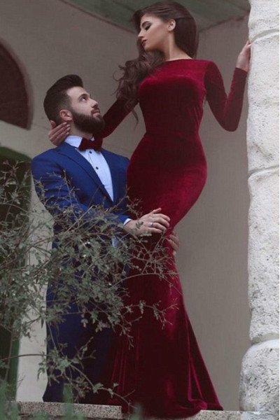 Ida Simple Burgundy Jewel Long Sleeves Open Back Velvet Sheath Prom Dresses Ida Simple Burgundy Jewel Long Sleeves Open Back Velvet Sheath Prom Dresses