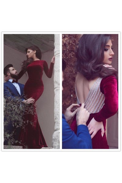 Ida Simple Burgundy Jewel Long Sleeves Open Back Velvet Sheath Prom Dresses Ida Simple Burgundy Jewel Long Sleeves Open Back Velvet Sheath Prom Dresses