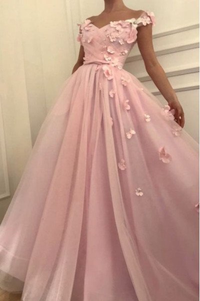 Iris Lovely Pink Off Shoulder Appliques A-Line Prom Dresses