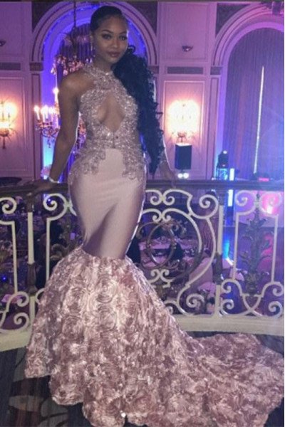 Jamie Elegant Dusty Pink Halter Appliques Mermaid Prom Dresses With Court Train