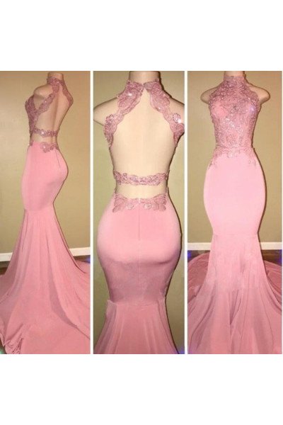 AJane Beautiful Pink Halter Backless Appliques Mermaid Prom Dresses With Chapel Train AJane Beautiful Pink Halter Backless Appliques Mermaid Prom Dresses With Chapel Train