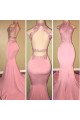 AJane Beautiful Pink Halter Backless Appliques Mermaid Prom Dresses With Chapel Train