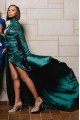 Janice Generous Turquoise High Neck Long Sleeves Side Slit Sheath Prom Dresses With Appliques 