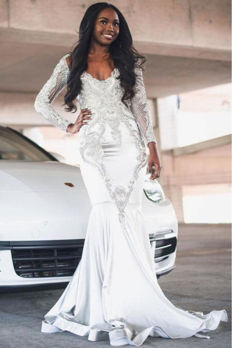 Jasmine Generous White Off Shoulder Long Sleeves Appliques Mermaid Prom Dresses