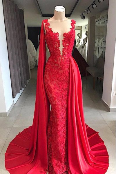 Jeanne Mild Red V-Neck Panel Train Lace Sheath Prom Dresses