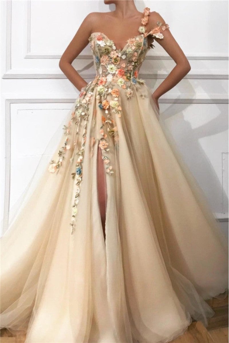 Jeannie Gentle Champagne One Shoulder Side Slit Appliques A-Line Prom Dresses