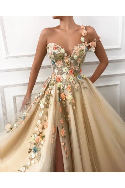Jeannie Gentle Champagne One Shoulder Side Slit Appliques A-Line Prom Dresses