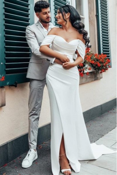 Alva Simple Off Shoulder Side Slit Sheath Wedding Dresses
