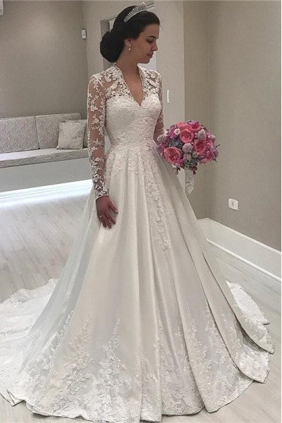 Amber Beautiful V-Neck Long Sleeves Appliques A-Line Wedding Dresses